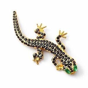 Black Rhinestone Lizard W/ Green Eyes Brooch Gold Tone Metal Accent Pin 2"